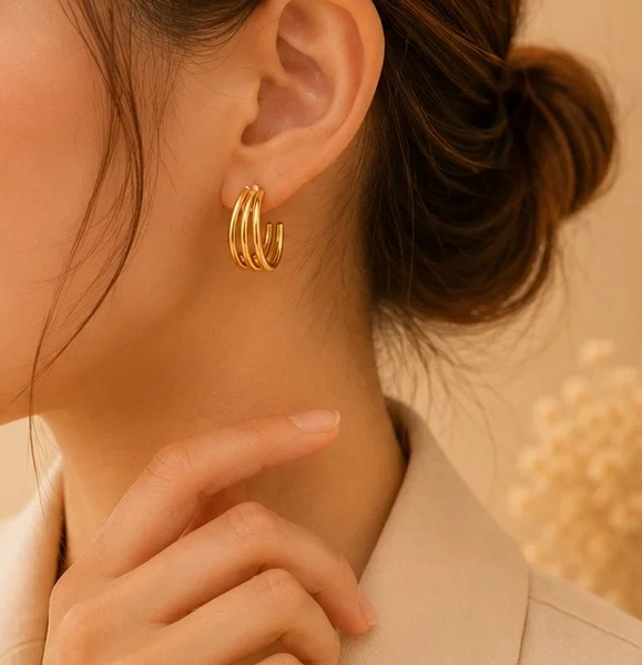 Gold Triple-Stand C-Hoop Earrings